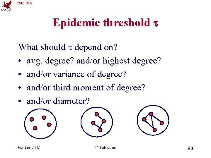 CMU SCS Epidemic threshold t What should t depend on? • avg. degree? and/or CMU SCS Epidemic threshold t What should t depend on? • avg. degree? and/or