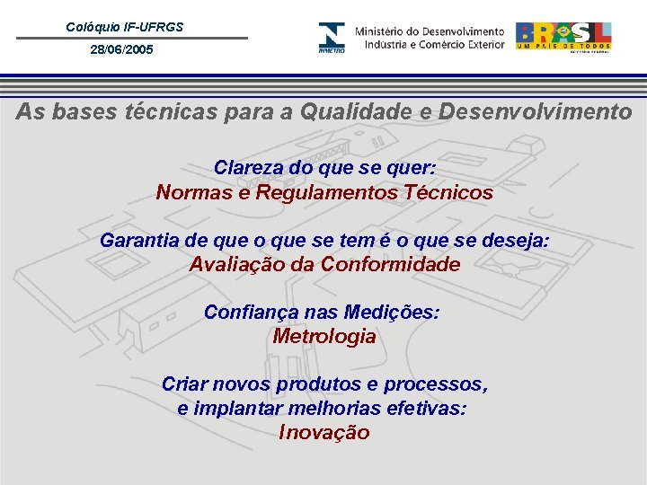 Colóquio IF-UFRGS 28/06/2005 As bases técnicas para a Qualidade e Desenvolvimento Clareza do que