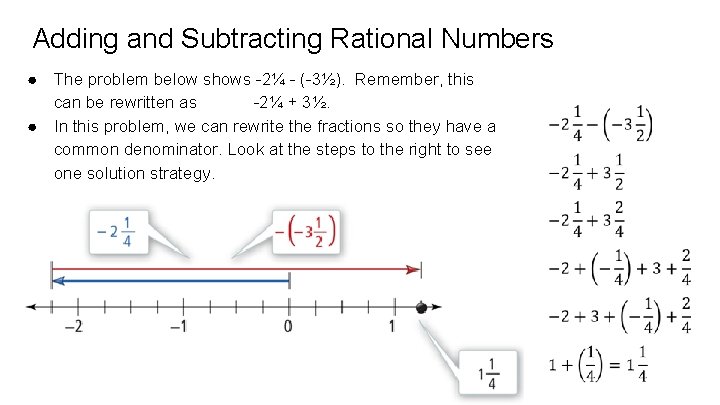 Adding and Subtracting Rational Numbers ● The problem below shows -2¼ - (-3½). Remember,