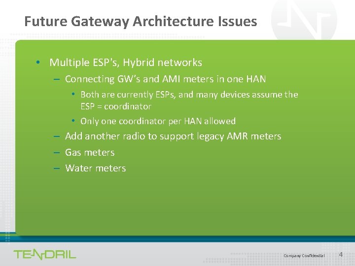 Future Gateway Architecture Issues • Multiple ESP's, Hybrid networks – Connecting GW’s and AMI