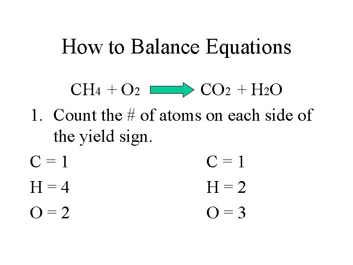 How to Balance Equations CH 4 + O 2 CO 2 + H 2