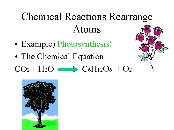 Chemical Reactions Rearrange Atoms • Example) Photosynthesis! • The Chemical Equation: CO 2 +