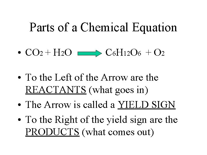 Parts of a Chemical Equation • CO 2 + H 2 O C 6