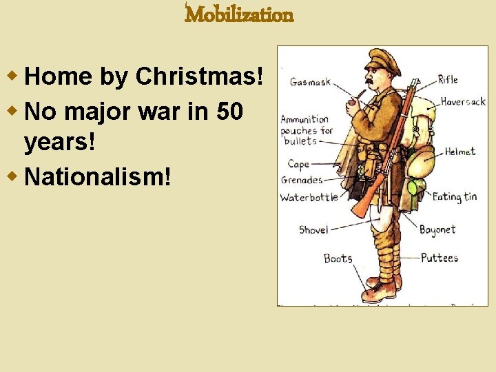 Mobilization w Home by Christmas! w No major war in 50 years! w Nationalism!