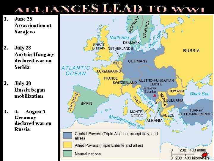 1. June 28 Assassination at Sarajevo 2. July 28 Austria-Hungary declared war on Serbia