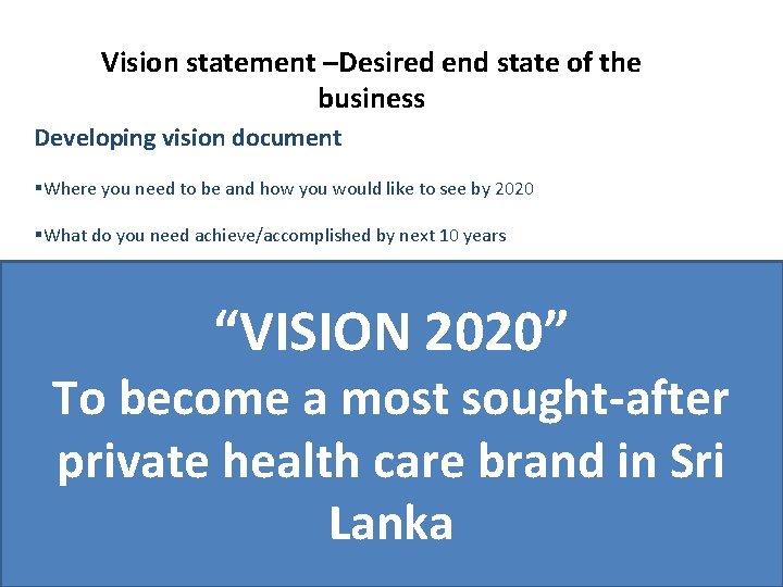 Vision statement –Desired end state of the business Developing vision document §Where you need