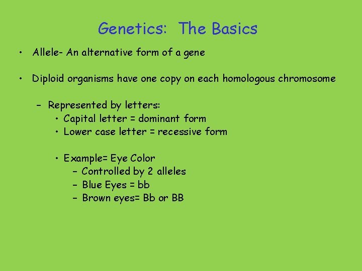 Genetics: The Basics • Allele- An alternative form of a gene • Diploid organisms