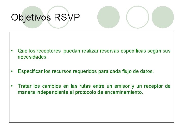 Objetivos RSVP • Que los receptores puedan realizar reservas específicas según sus necesidades. •