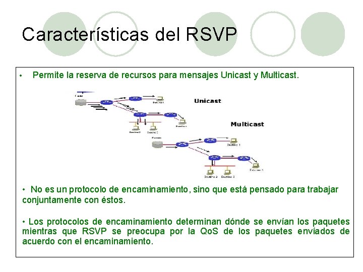 Características del RSVP • Permite la reserva de recursos para mensajes Unicast y Multicast.