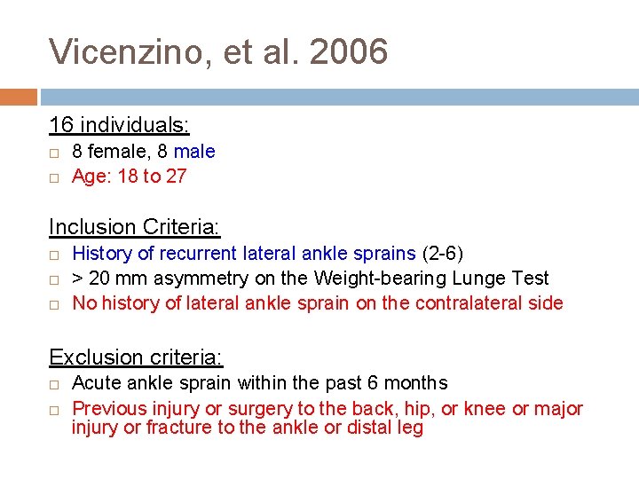Vicenzino, et al. 2006 16 individuals: 8 female, 8 male Age: 18 to 27
