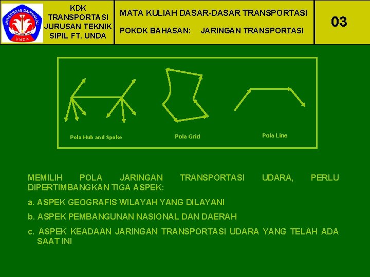 KDK MATA KULIAH DASAR-DASAR TRANSPORTASI JURUSAN TEKNIK POKOK BAHASAN: JARINGAN TRANSPORTASI SIPIL FT. UNDA