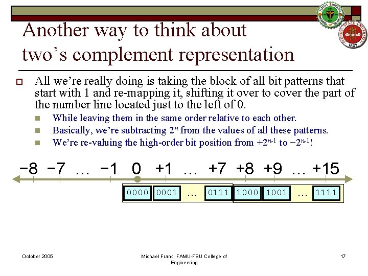 Another way to think about two’s complement representation o All we’re really doing is