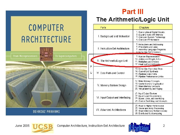 Part III The Arithmetic/Logic Unit June 2005 Computer Architecture, Instruction-Set Architecture 2 