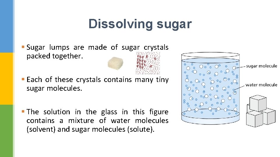 Dissolving sugar § Sugar lumps are made of sugar crystals packed together. § Each