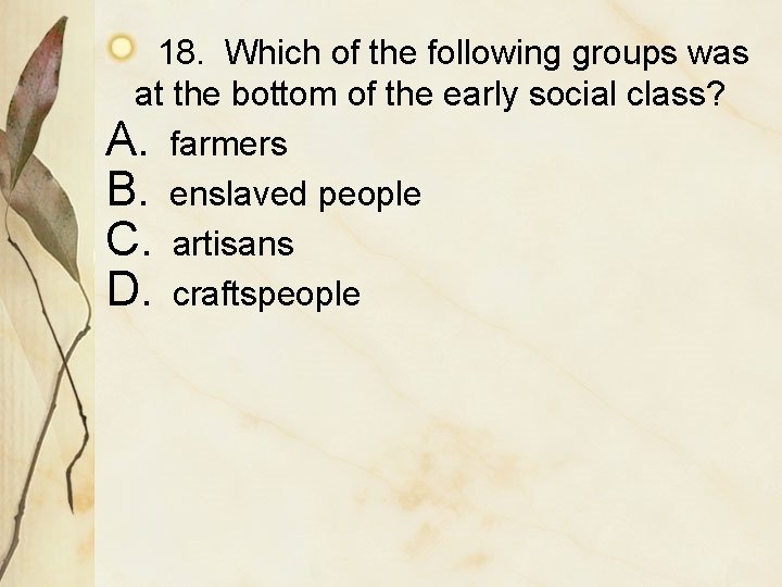 18. Which of the following groups was at the bottom of the early social