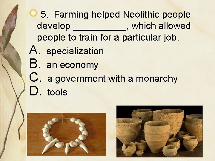 5. Farming helped Neolithic people develop _____, which allowed people to train for a