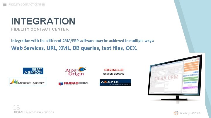 FIDELITY CONTACT CENTER INTEGRATION FIDELITY CONTACT CENTER Integration with the different CRM/ERP software may