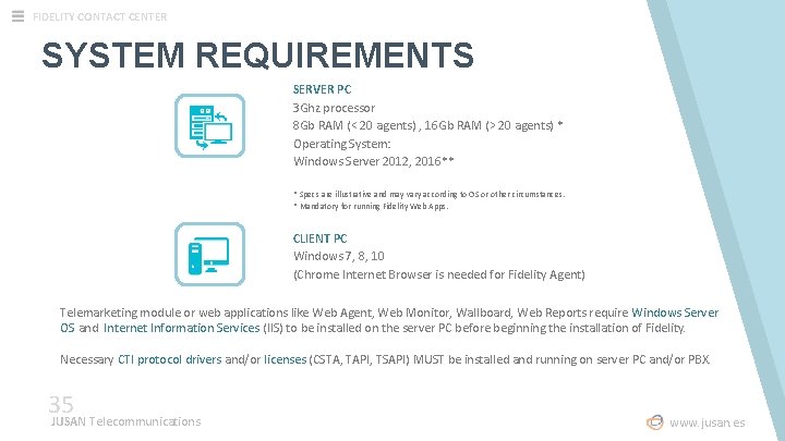 FIDELITY CONTACT CENTER SYSTEM REQUIREMENTS SERVER PC 3 Ghz processor 8 Gb RAM (<