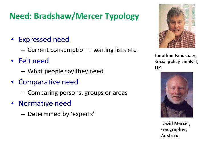 Need: Bradshaw/Mercer Typology • Expressed need – Current consumption + waiting lists etc. • Need: Bradshaw/Mercer Typology • Expressed need – Current consumption + waiting lists etc. •