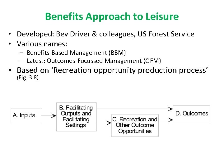 Benefits Approach to Leisure • Developed: Bev Driver & colleagues, US Forest Service • Benefits Approach to Leisure • Developed: Bev Driver & colleagues, US Forest Service •