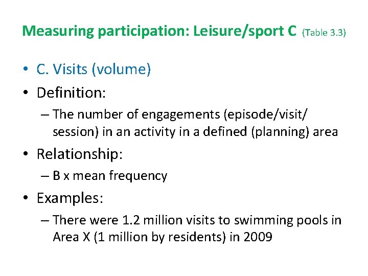 Measuring participation: Leisure/sport C (Table 3. 3) • C. Visits (volume) • Definition: – Measuring participation: Leisure/sport C (Table 3. 3) • C. Visits (volume) • Definition: –