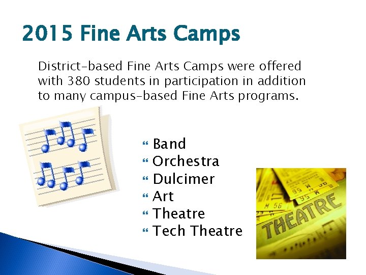 2015 Fine Arts Camps District-based Fine Arts Camps were offered with 380 students in