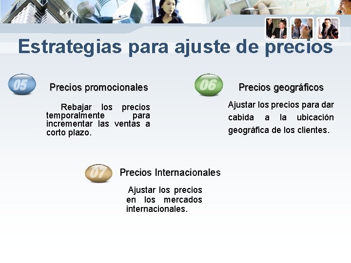 Estrategias para ajuste de precios Precios promocionales Precios geográficos Rebajar los precios temporalmente para