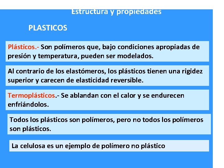 Estructura y propiedades PLASTICOS Plásticos. - Son polímeros que, bajo condiciones apropiadas de presión