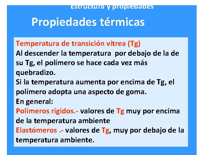 Estructura y propiedades Propiedades térmicas Temperatura de transición vitrea (Tg) Al descender la temperatura