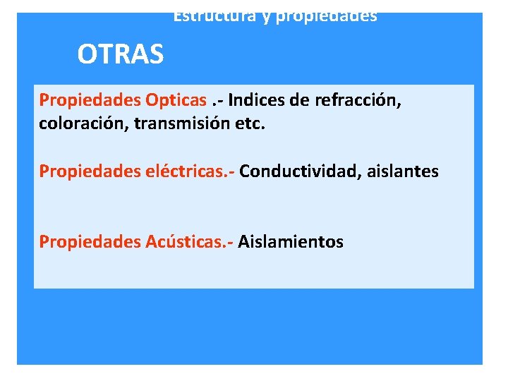 Estructura y propiedades OTRAS Propiedades Opticas. - Indices de refracción, coloración, transmisión etc. Propiedades