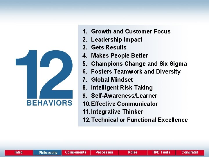 1. Growth and Customer Focus 2. Leadership Impact 3. Gets Results 4. Makes People