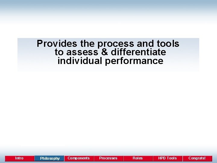 Provides the process and tools to assess & differentiate individual performance Intro Philosophy Components
