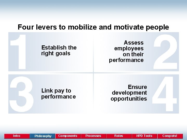 Four levers to mobilize and motivate people Intro Establish the right goals Assess employees