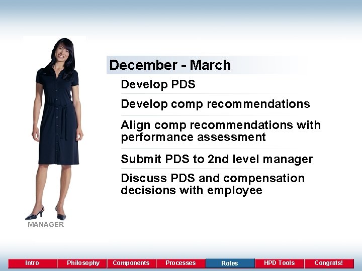 December - March Develop PDS Develop comp recommendations Align comp recommendations with performance assessment