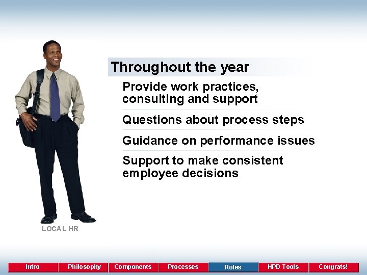 Throughout the year Provide work practices, consulting and support Questions about process steps Guidance