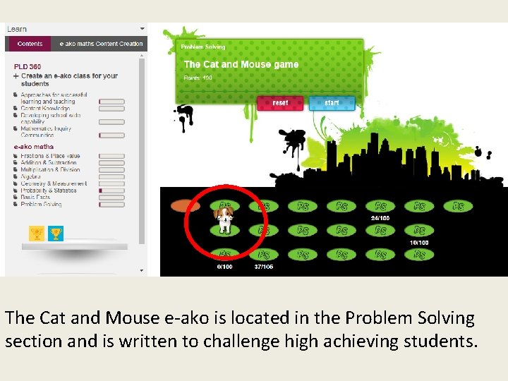 The Cat and Mouse e-ako is located in the Problem Solving section and is
