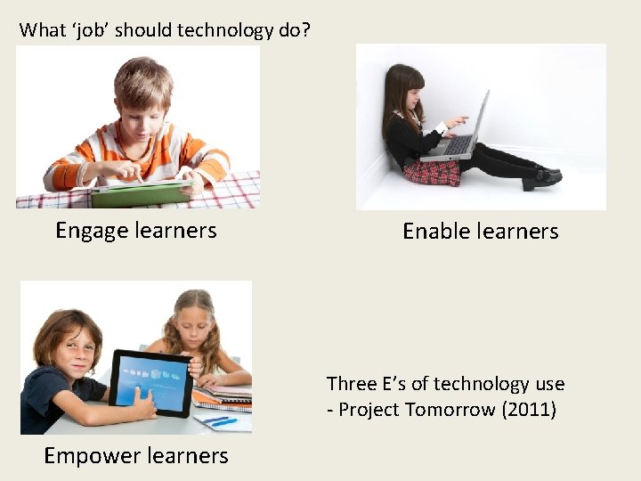 What ‘job’ should technology do? Engage learners Enable learners Three E’s of technology use