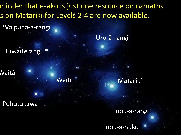 minder that e-ako is just one resource on nzmaths ts on Matariki for Levels