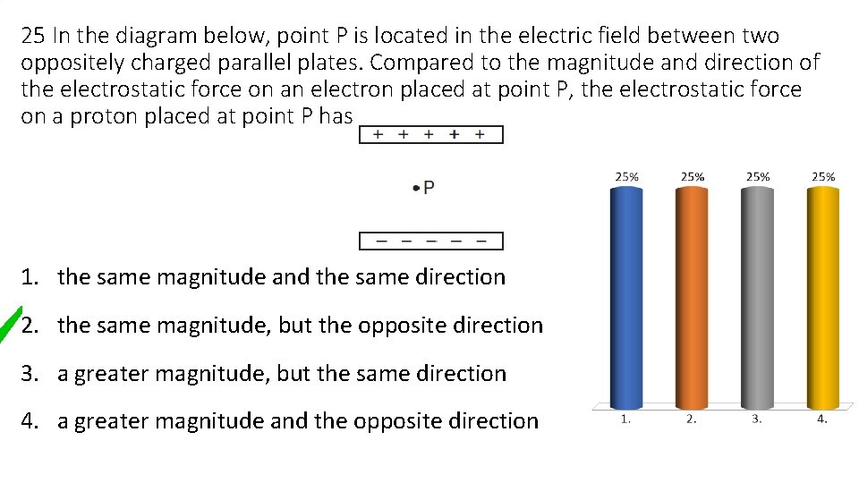 25 In the diagram below, point P is located in the electric field between