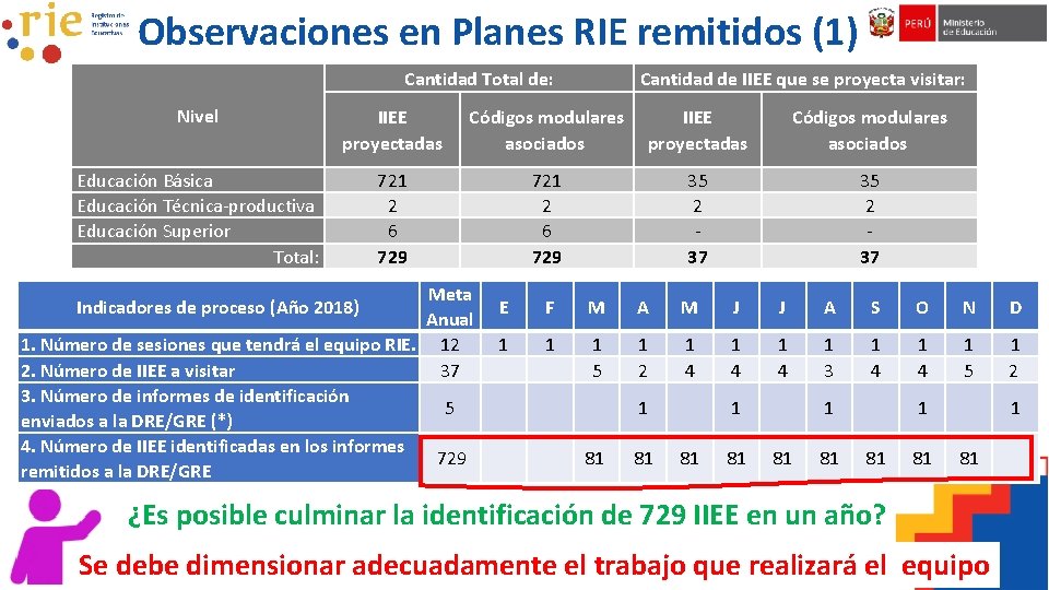 Observaciones en Planes RIE remitidos (1) Cantidad Total de: Nivel IIEE proyectadas Educación Básica