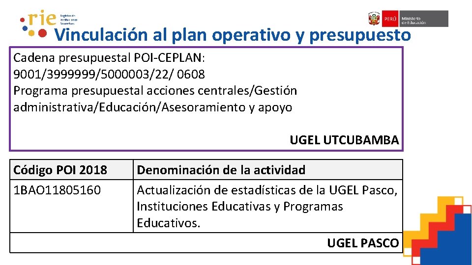 Vinculación al plan operativo y presupuesto Cadena presupuestal POI-CEPLAN: 9001/3999999/5000003/22/ 0608 Programa presupuestal acciones