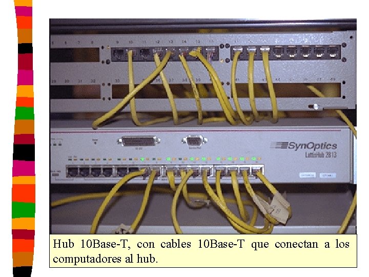 Hub 10 Base-T, con cables 10 Base-T que conectan a los computadores al hub.