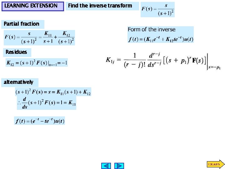 LEARNING EXTENSION Partial fraction Residues alternatively Find the inverse transform 