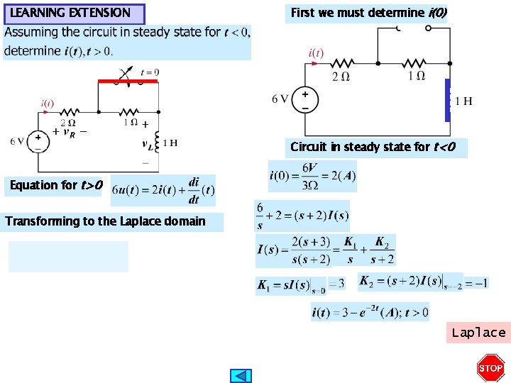 LEARNING EXTENSION First we must determine i(0) Circuit in steady state for t<0 Equation