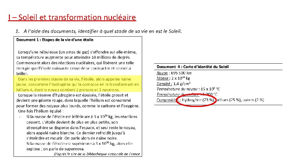 I – Soleil et transformation nucléaire 1. A l’aide des documents, identifier à quel