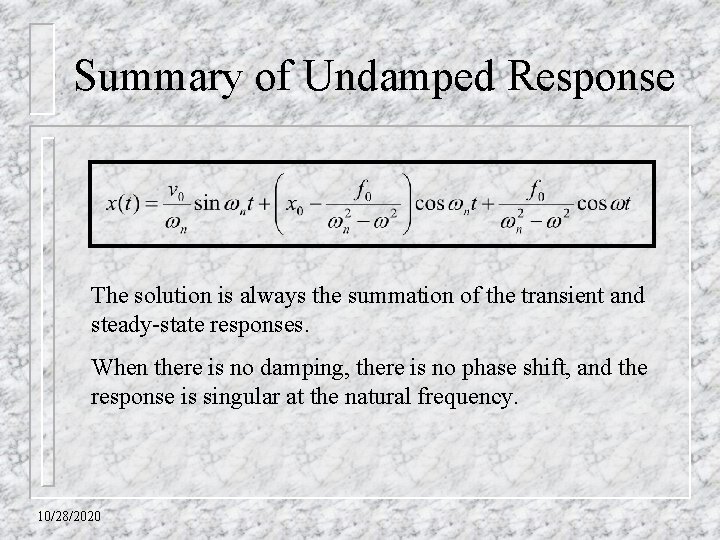 Summary of Undamped Response The solution is always the summation of the transient and
