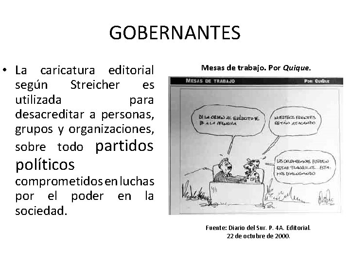 GOBERNANTES • La caricatura editorial según Streicher es utilizada para desacreditar a personas, grupos