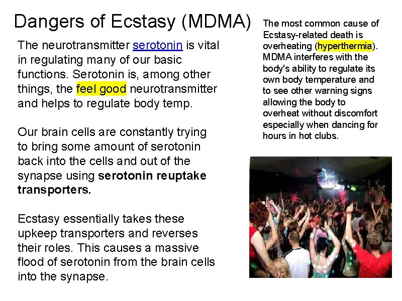 Dangers of Ecstasy (MDMA) The neurotransmitter serotonin is vital in regulating many of our