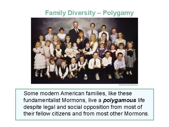 Family Diversity – Polygamy Some modern American families, like these fundamentalist Mormons, live a