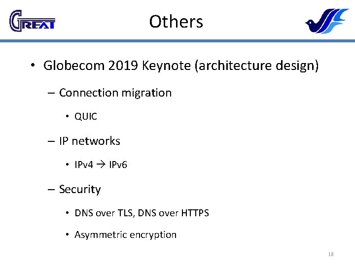 Others • Globecom 2019 Keynote (architecture design) – Connection migration • QUIC – IP